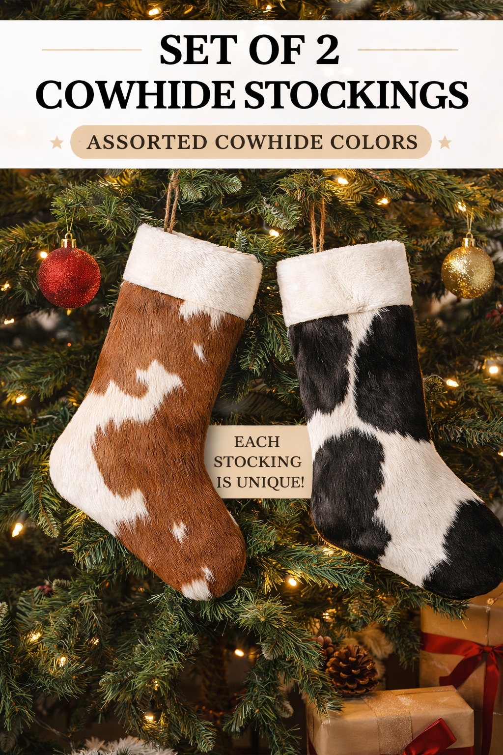 Set of 2 Cowhide Christmas Stockings – Genuine Leather