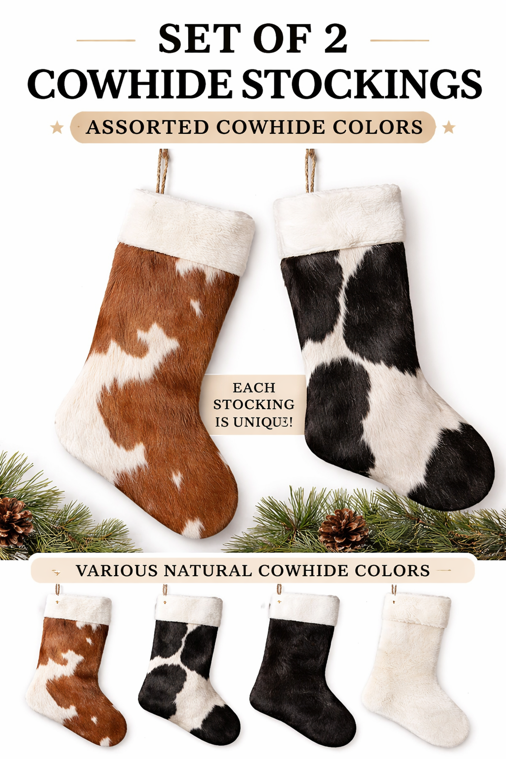 Set of 2 Cowhide Christmas Stockings – Genuine Leather